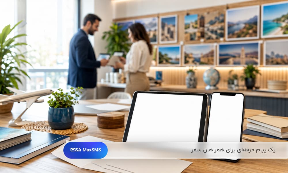 محیط یک آژانس گردشگری مدرن با تلفن همراه و تبلت بدون نوشته، کارت‌های سفید و تصاویر مقصدهای سفر