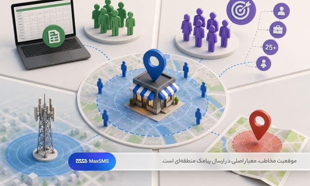 در ارسال پیامک منطقه‌ای، مخاطبان براساس محدوده جغرافیایی انتخاب می‌شوند؛ درحالی‌که روش‌های دیگر می‌توانند معیارهایی مانند شغل، سن، جنسیت یا فهرست مشتریان را مبنا قرار دهند.