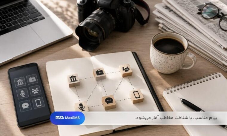 دفتر یادداشت با نمودار ارتباطات، گوشی موبایل، دوربین عکاسی و روزنامه روی میز کار