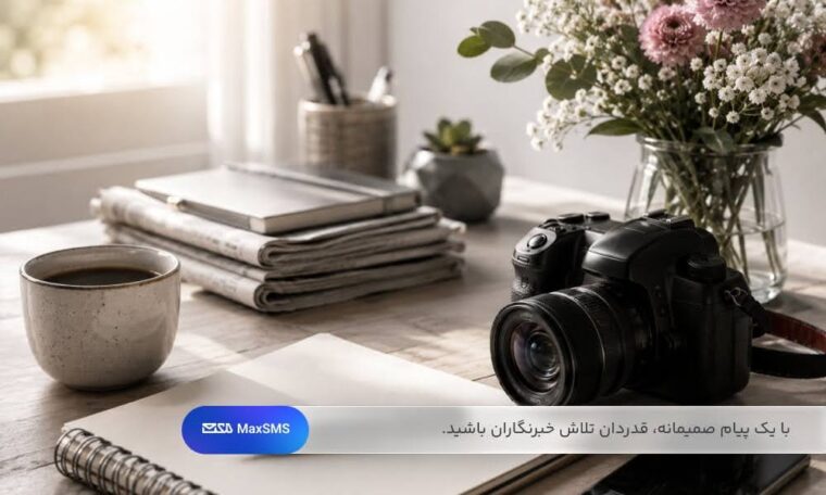 دوربین عکاسی، دفتر یادداشت، روزنامه و فنجان قهوه روی میز کار خبرنگار
