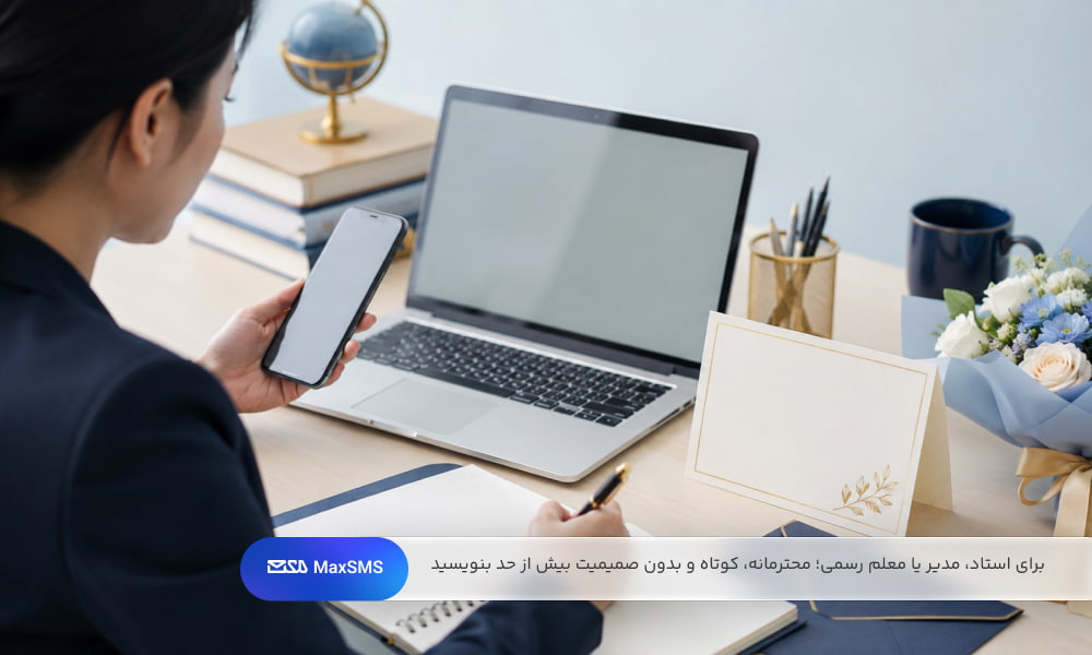 فردی در محیط کاری در حال آماده‌کردن پیام رسمی روز معلم با لپ‌تاپ، کارت تبریک و وسایل آموزشی