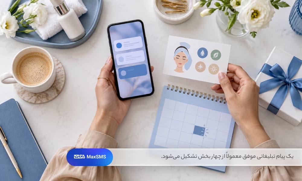 میز برنامهریزی تبلیغات سالن زیبایی با ابزارهای بصری برای پیام، مزیت، پیشنهاد و رزرو نوبت