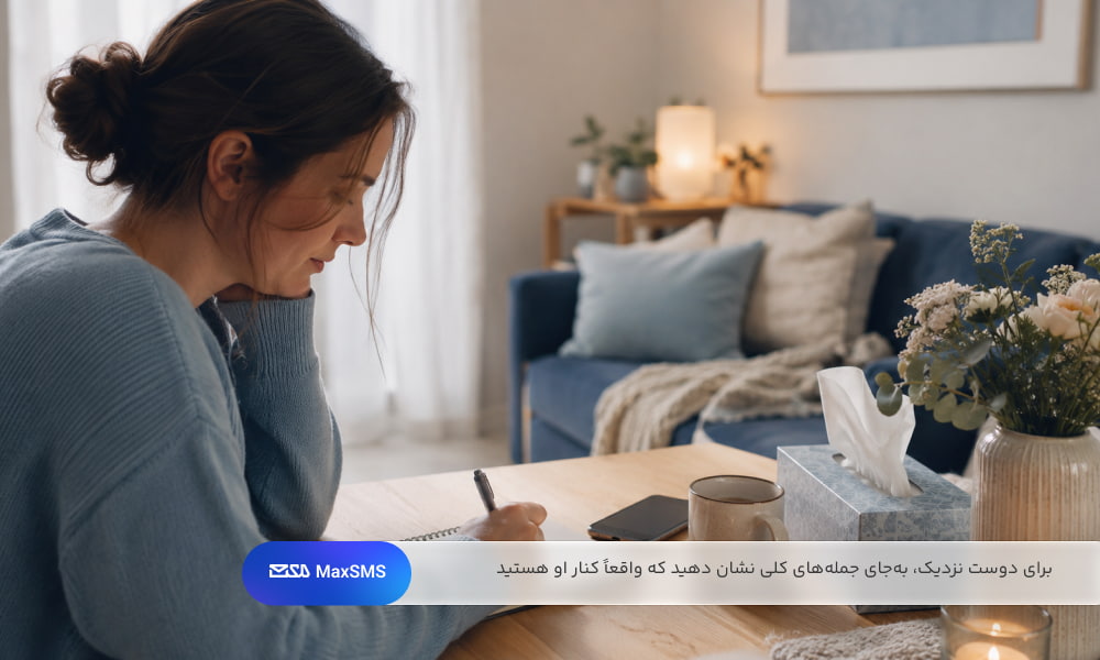 فردی در خانه در حال نوشتن پیام همدردی صمیمانه در کنار موبایل، دستمال کاغذی، چای و گل