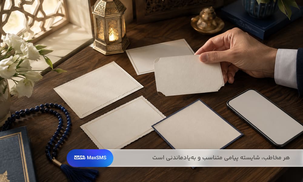انتخاب کارت تبریک مناسب از میان چند کارت سفید در کنار تلفن همراه، تسبیح آبی، گل‌های سفید و فانوس اسلامی