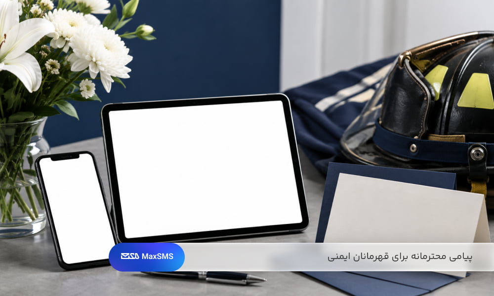 تلفن همراه و تبلت با صفحه‌های سفید در کنار کلاه آتش‌نشانی، کارت‌های تقدیر و گل‌های سفید