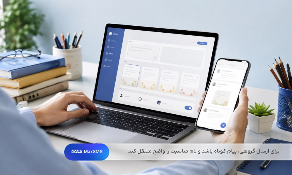 کاربر در حال آماده‌سازی و ارسال گروهی پیامک روز معلم از طریق لپ‌تاپ و تلفن همراه