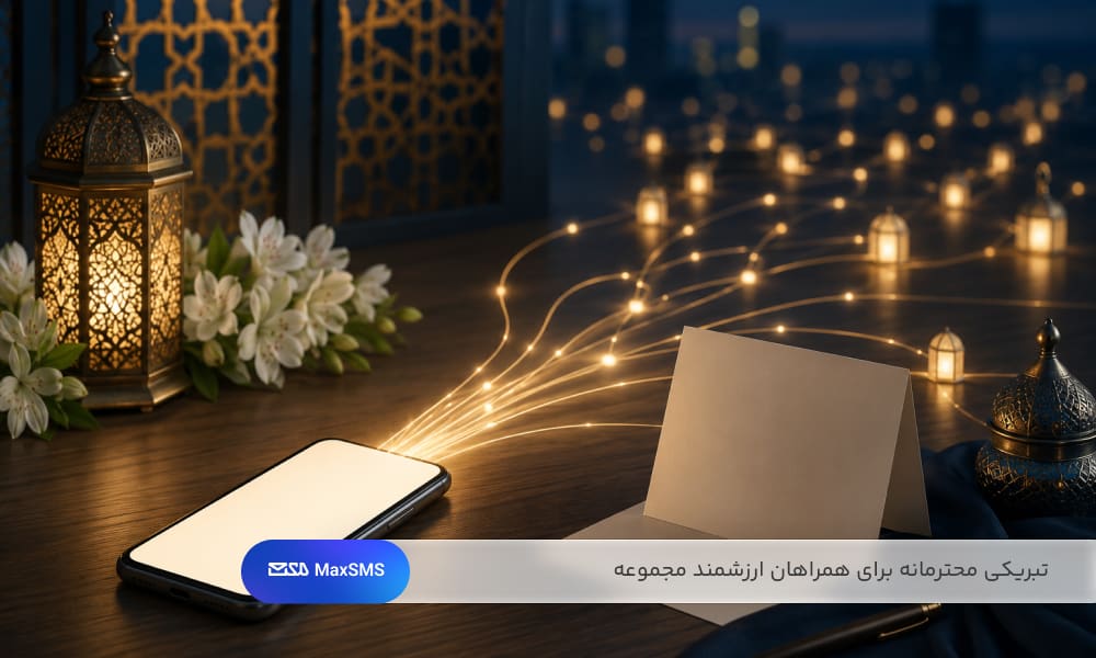 ارسال هماهنگ پیام تبریک سازمانی با تلفن همراه در کنار کارت سفید، گل‌ها و شبکه‌ای نمادین از فانوس‌های روشن