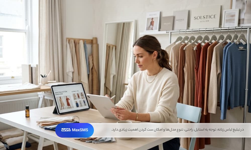 مدیر یا طراح لباس زنانه در حال بررسی کالکشن جدید و انتخاب پارچهها و ایدههای بازاریابی پوشاک زنانه در کارگاه و بوتیک.