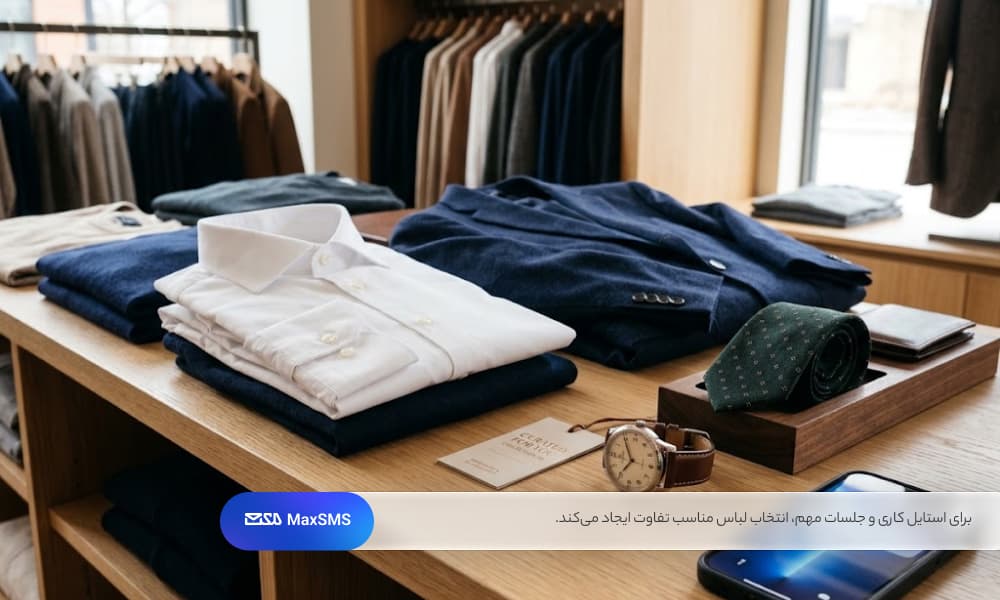 چیدمان شیک و منظم لباسها و اکسسوریهای مردانه (مانند کت، پیراهن و ساعت) روی میز چوبی بوتیک به همراه پیام تخفیف و تبلیغات ویژه روی گوشی هوشمند.